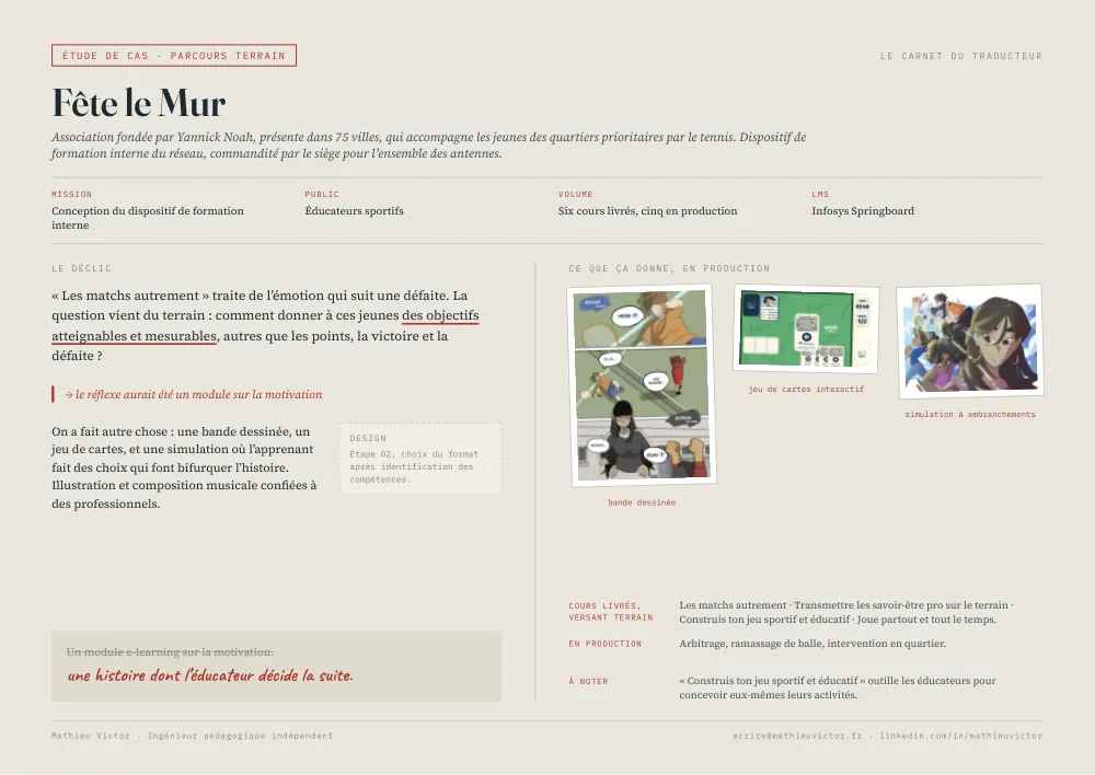 Fiche d’étude de cas Fête le Mur. Mission, public, volume et plateforme. Le déclic : donner aux jeunes des objectifs atteignables autres que la victoire et la défaite. Les trois formats produits, bande dessinée, jeu de cartes interactif et simulation à embranchements. La décision retenue : une histoire dont l’éducateur décide la suite, plutôt qu’un module e-learning sur la motivation.